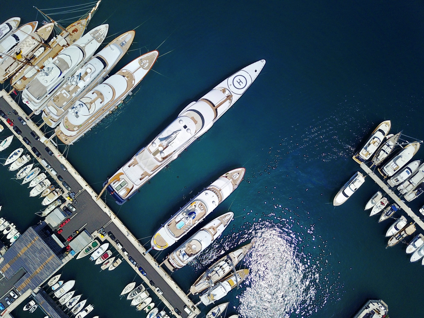 Aerial view of yacht with different sizes
